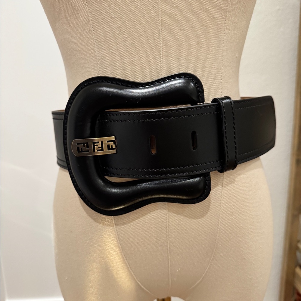 (SOLD) Fendi Black Leather Belt with Oversized Buckle Marked size: 80 / 32